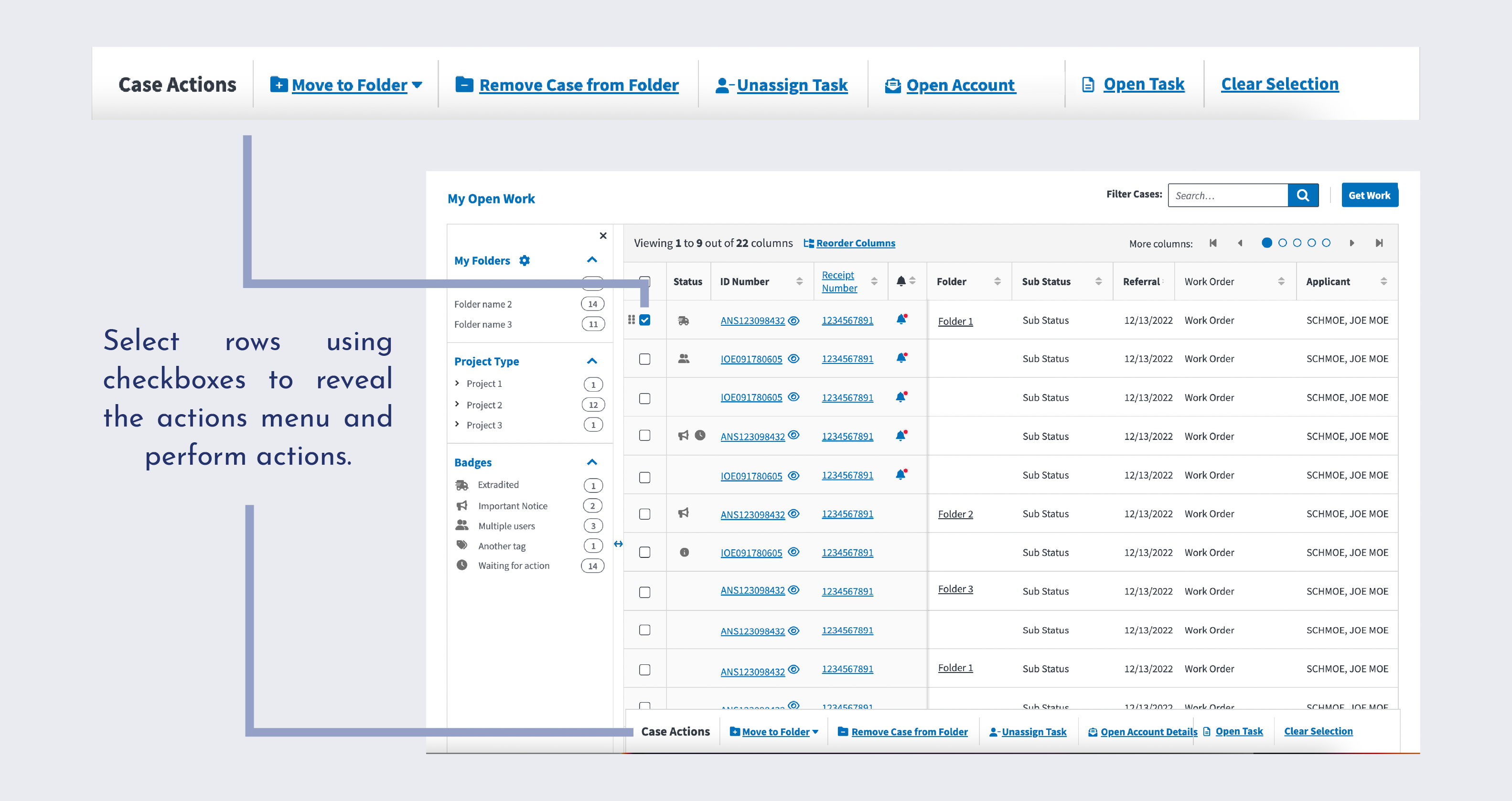 Interface screenshots showing the toolbar and checkbox controls -- Select rows using checkboxes to reveal the actions menu and perform actions.