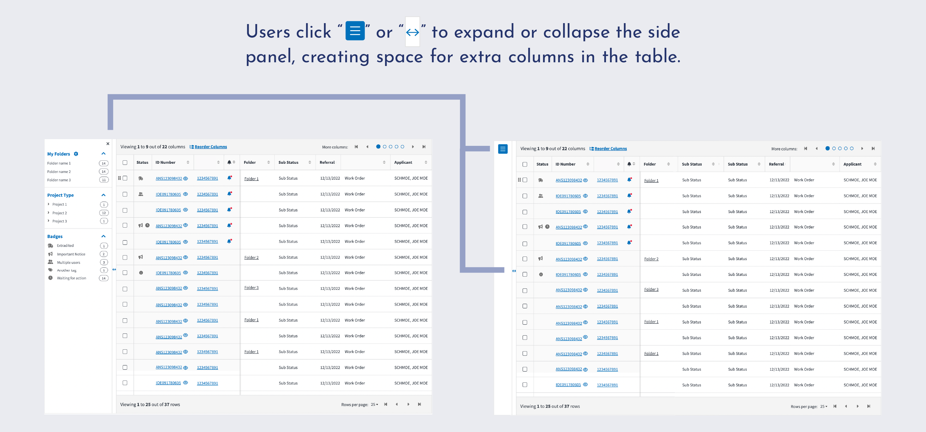 Interface screenshots showing the expanding and collapsible panel controls.