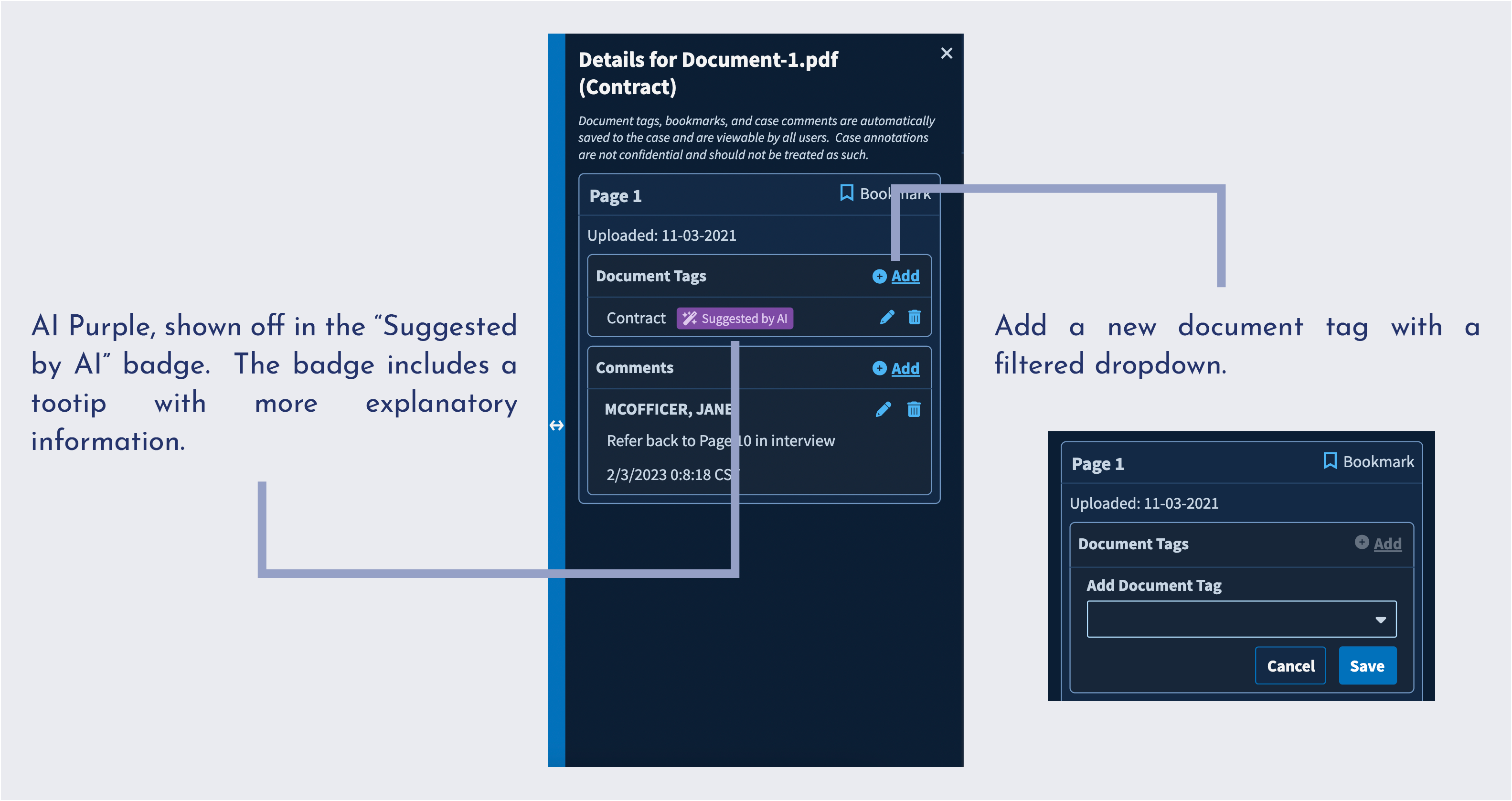 Screenshot of PDF Editor UI with AI tags marked up in purple and the new tagging flow highlighted