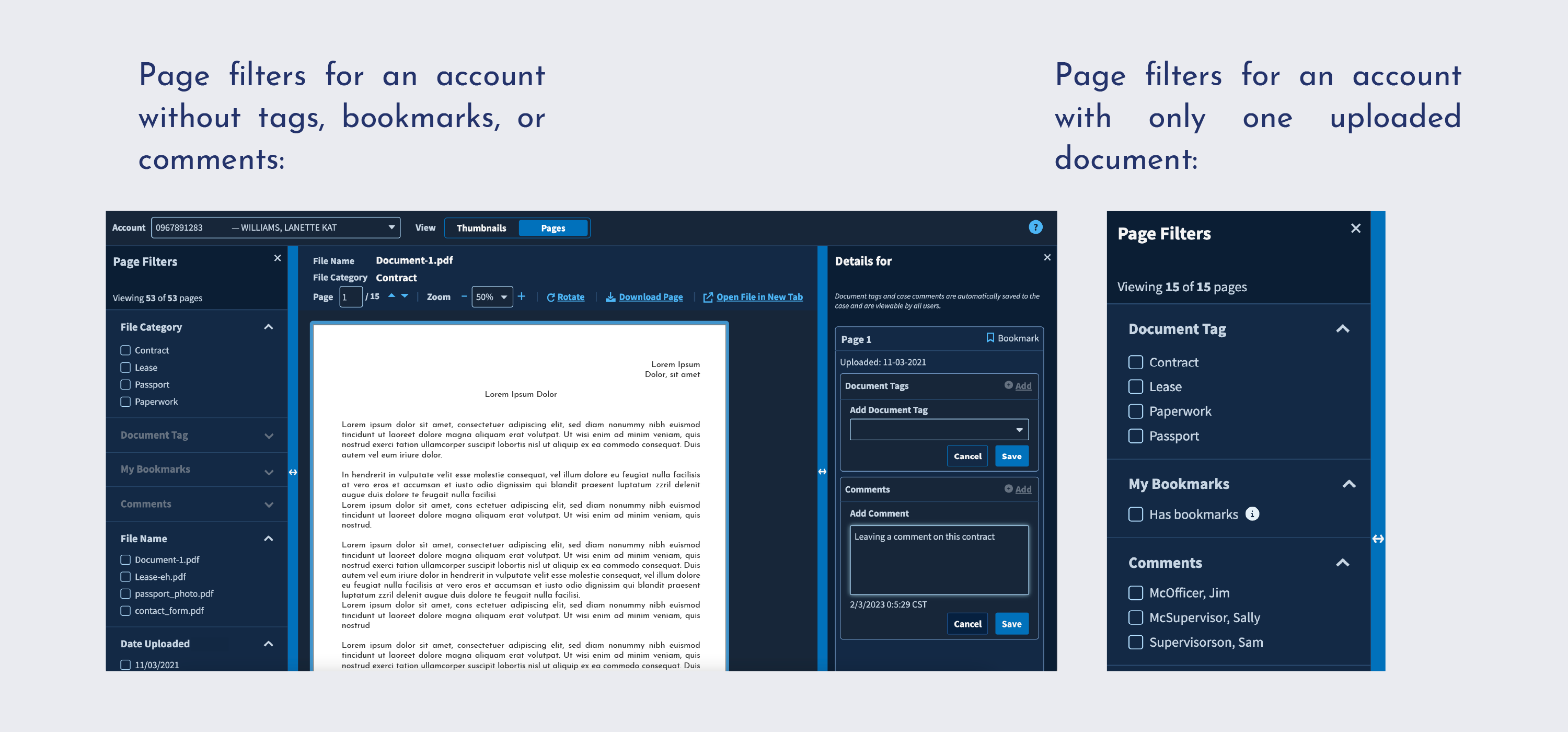 Screenshot of PDF Editor filters UI for two cases: the first, for a case without any annotations.  Unused filters are disabled.  The second, for a case with only one file uploaded, with irrelevant filters discluded.