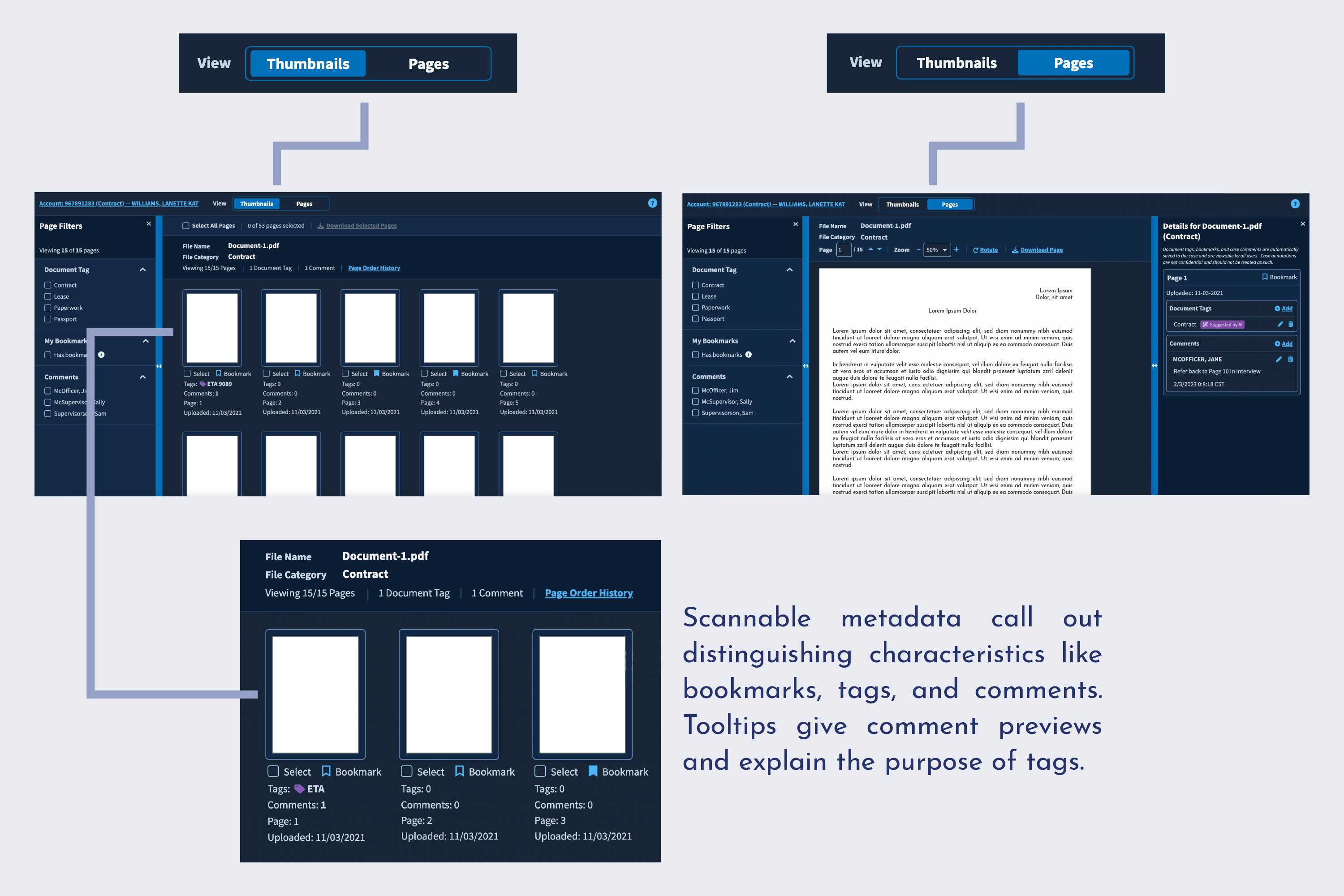 Screenshots of PDF Editor UI in a flowchart with the new viewswitcher navigation highlighted and a magnified screenshot of metadata underneath page thumbnails